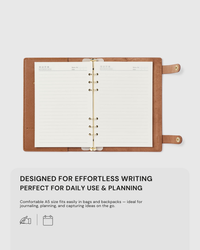 STICKYZOO camel A5 notebook open flat showing lined pages, designed for effortless writing, planning, and daily use