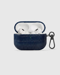 Navy vintage croc case open with AirPods Pro seated inside