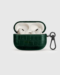 Emerald vintage croc case open with AirPods Pro seated inside