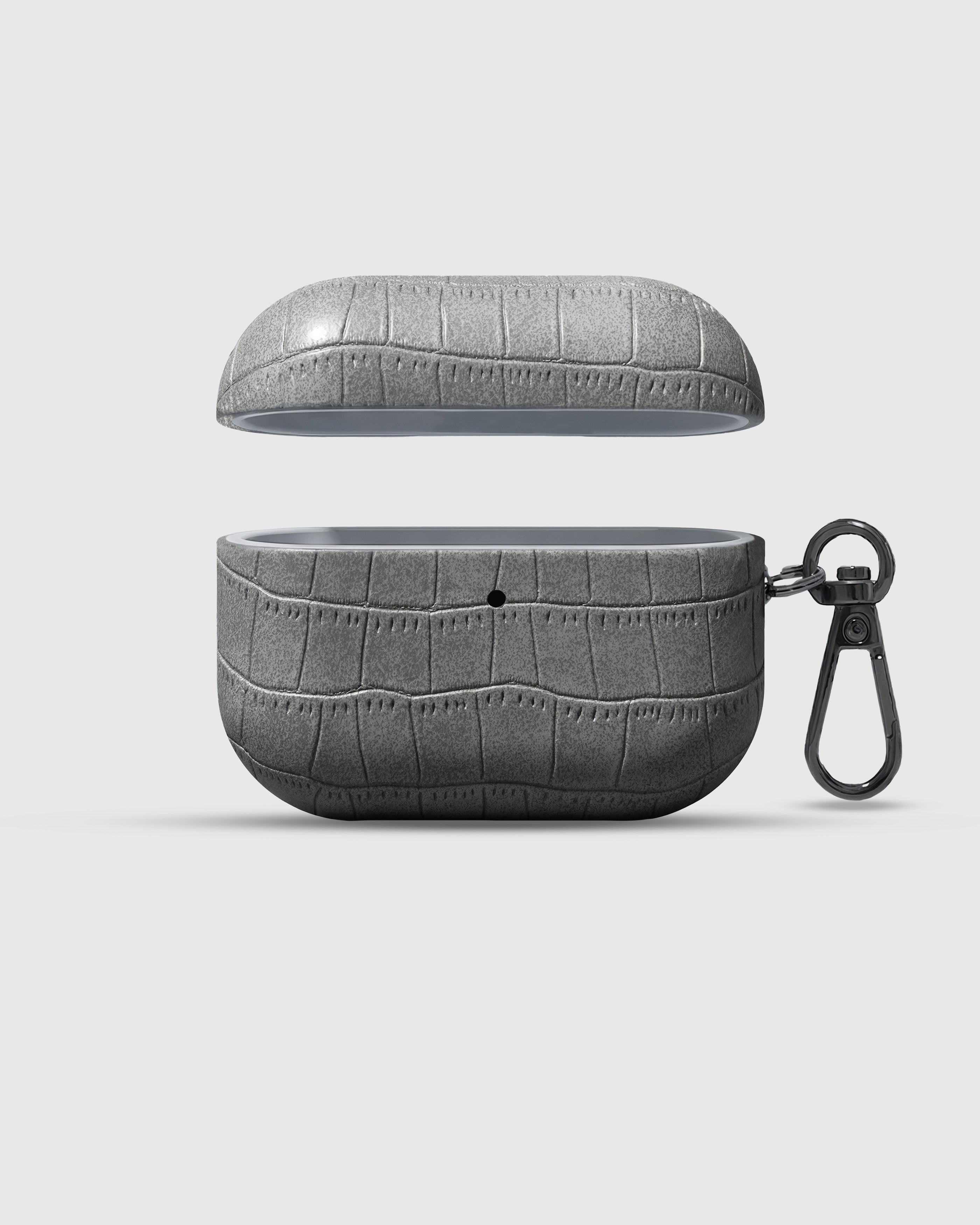 {{Embossed — not printed.}} STICKYZOO slate grey vintage croc case showing matte crocodile texture