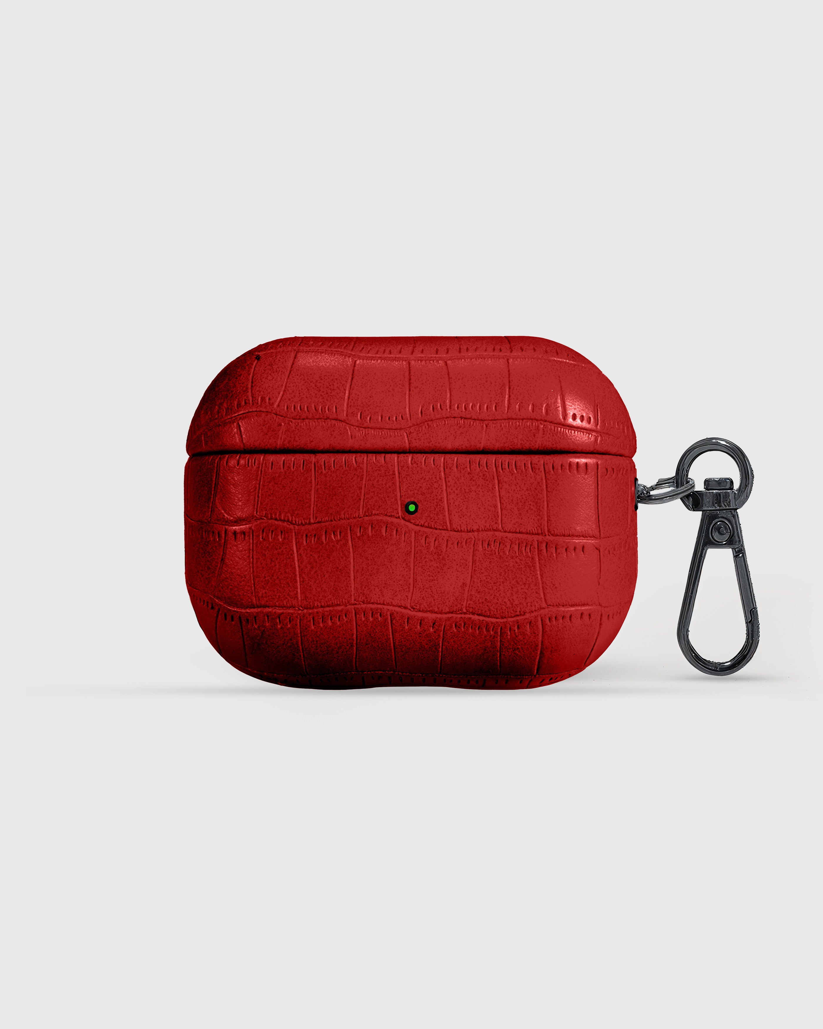 {{Scarlet Vintage Croc.}} Vintage Croc AirPods Pro Case in scarlet matte embossed vegan leather with metal carabiner