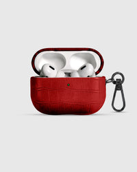 Scarlet vintage croc case open with AirPods Pro seated inside