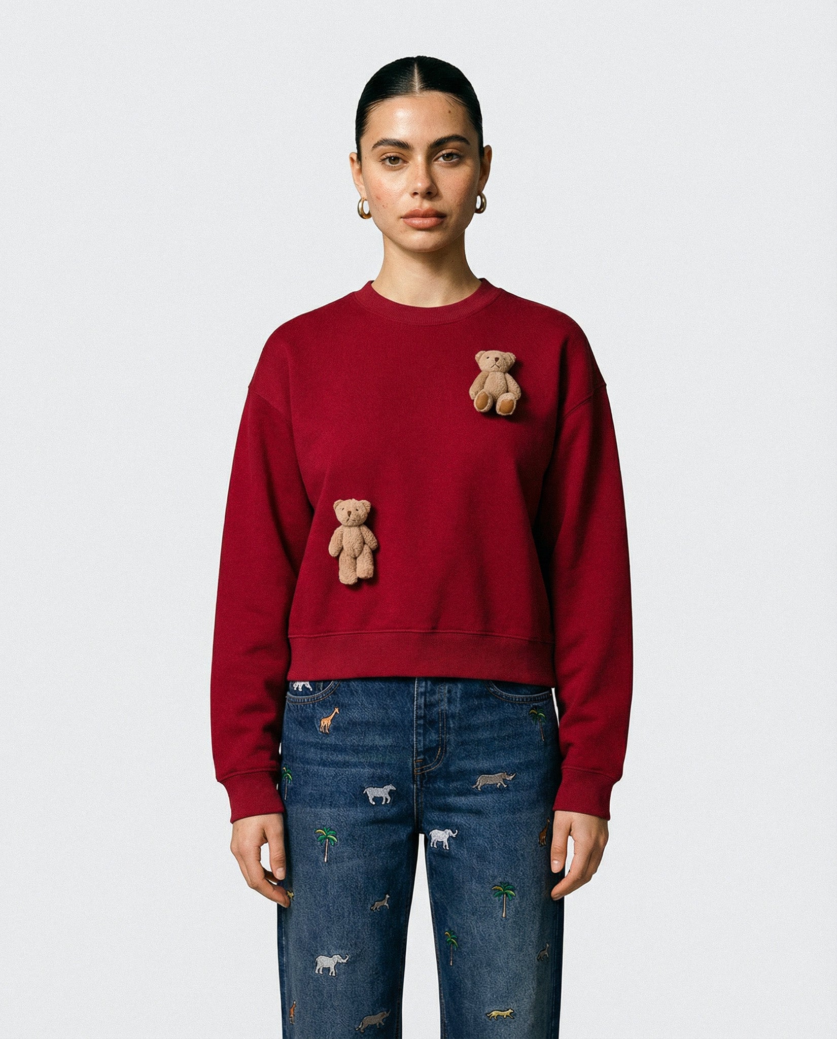 Cropped 450gsm Red Sweatshirt · Handmade 3D Plush Bears – STICKYZOO®