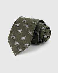 STICKYZOO OLIVE STALLION TIE in hand-embroidered 100% mulberry silk with olive stallion motif, 45° bias-cut Italian method