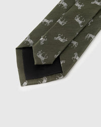 STICKYZOO OLIVE STALLION TIE back detail showing structured interlining and hand-finished slip stitching, 145 × 8 cm