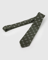 STICKYZOO OLIVE STALLION TIE additional view showing hand-embroidered mulberry silk detail, designed in Amsterdam