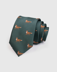 STICKYZOO EMBER FOX TIE in hand-embroidered 100% mulberry silk with ember fox motif, 45° bias-cut Italian method