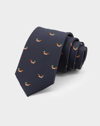 STICKYZOO MIDNIGHT MALLARD TIE in hand-embroidered 100% mulberry silk with midnight mallard motif, 45° bias-cut Italian method