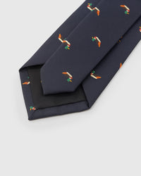 STICKYZOO MIDNIGHT MALLARD TIE back detail showing structured interlining and hand-finished slip stitching, 145 × 8 cm