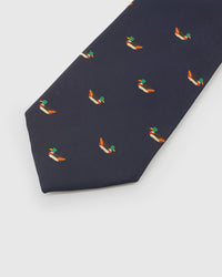MIDNIGHT MALLARD detail on mulberry silk tie showing hand-embroidered raised thread pattern by STICKYZOO