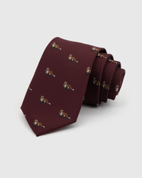 STICKYZOO CRIMSON STALLION TIE in hand-embroidered 100% mulberry silk with crimson stallion motif, 45° bias-cut Italian method