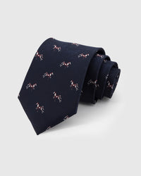 STICKYZOO NAVY STALLION TIE in hand-embroidered 100% mulberry silk with navy stallion motif, 45° bias-cut Italian method