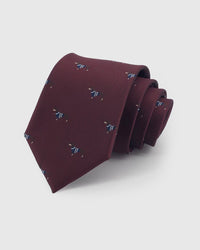 STICKYZOO BURGUNDY HOUND TIE in hand-embroidered 100% mulberry silk with burgundy hound motif, 45° bias-cut Italian method