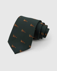 STICKYZOO FOREST BISON TIE in hand-embroidered 100% mulberry silk with forest bison motif, 45° bias-cut Italian method