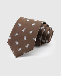STICKYZOO COCOA PUG TIE in hand-embroidered 100% mulberry silk with cocoa pug motif, 45° bias-cut Italian method