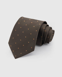STICKYZOO MOCHA DOT TIE in hand-embroidered 100% mulberry silk with mocha dot motif, 45° bias-cut Italian method