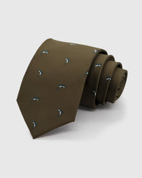 STICKYZOO OLIVE MARLIN TIE in hand-embroidered 100% mulberry silk with olive marlin motif, 45° bias-cut Italian method