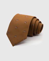 STICKYZOO CARAMEL MARLIN TIE in hand-embroidered 100% mulberry silk with caramel marlin motif, 45° bias-cut Italian method