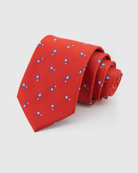 STICKYZOO CRIMSON COURT TIE in hand-embroidered 100% mulberry silk with crimson court motif, 45° bias-cut Italian method