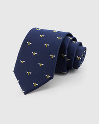 STICKYZOO MIDNIGHT BEE TIE in hand-embroidered 100% mulberry silk with midnight bee motif, 45° bias-cut Italian method