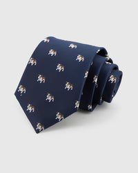 STICKYZOO BULLDOG TIE in hand-embroidered 100% mulberry silk with bulldog motif, 45° bias-cut Italian method