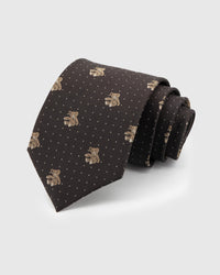 100% mulberry silk STICKYZOO Atlas Bear Tie in espresso brown with hand-embroidered teddy bear motifs and white dot accents, rolled