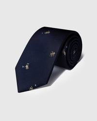 100% mulberry silk STICKYZOO Golfer Tie in navy with hand-embroidered golfer figures and golf ball accents, rolled to show silk sheen