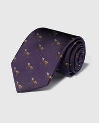 100% mulberry silk STICKYZOO Pointer Tie in plum with hand-embroidered pointer dog motifs in brown and white thread, rolled