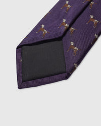 Embroidered, not printed STICKYZOO Pointer Tie flat blade showing repeating pointer dog motifs on deep plum mulberry silk
