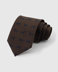 100% mulberry silk STICKYZOO Herringbone Pointer Tie in brown with navy pointer dog motifs on herringbone weave, rolled