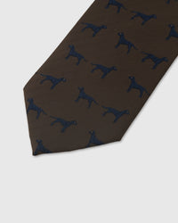Embroidered, not printed Herringbone Pointer Tie flat blade showing navy pointer dogs on brown herringbone mulberry silk weave