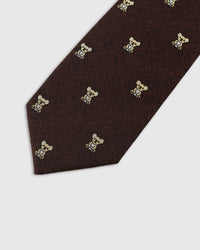 Embroidered, not printed STICKYZOO Ember Koala Tie flat blade showing repeating koala motifs on dark ember mulberry silk